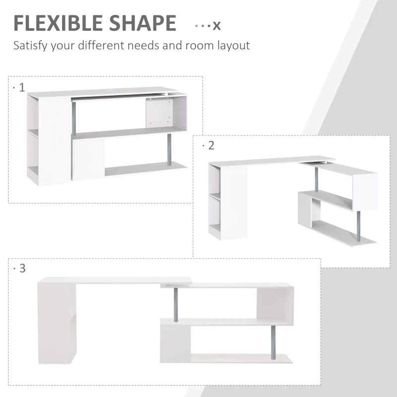 55" Corner Computer Desk, 360° Rotating L-Shaped Desk, Home Office Workstation with 3-Tier Shelves, Bookshelf, White