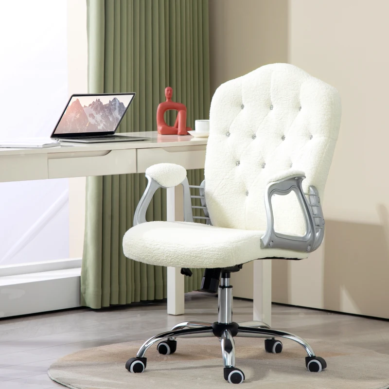 Teddy Fleece Computer Chair, Button Tufted Desk Chair with Swivel Wheels, Adjustable Height