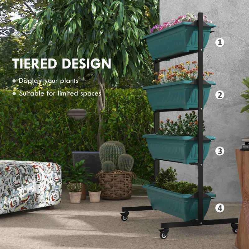 4-Tier Vertical Raised Garden Planter with 4 Boxes, Wheels, Outdoor Plant Stand for Vegetable Flowers