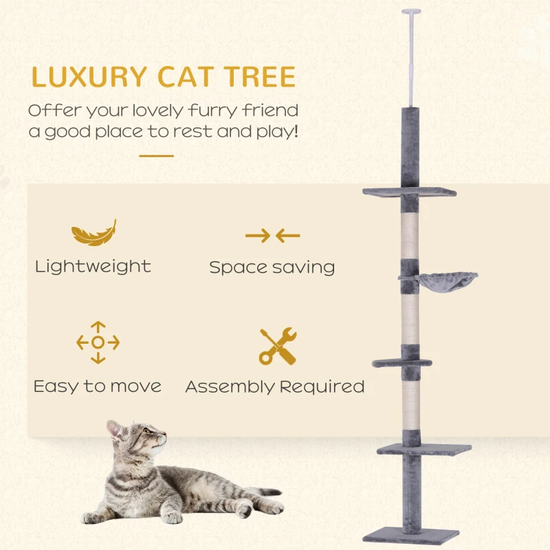 8.5ft Cat Climbing Tree 5-Tier Cat Activity Center Floor-to-Ceiling Cat Climber Toy with Scratching Post 