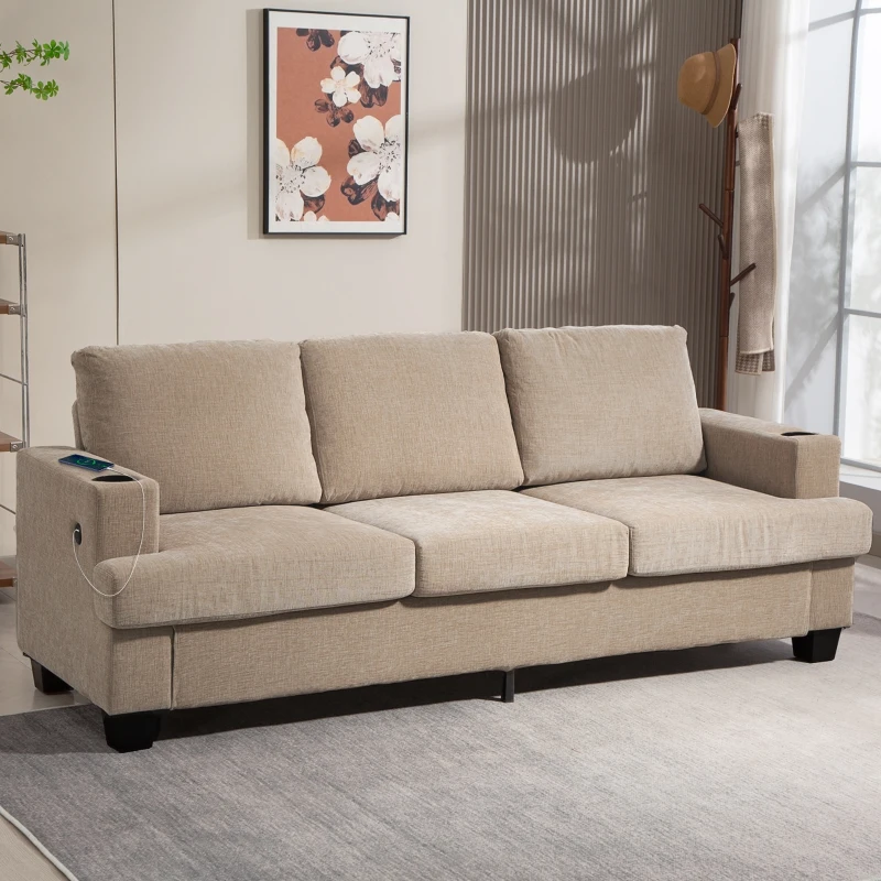  3 Seater Sofa with USB Ports & Cup Holders, Chenille-Feel Upholstered Couch