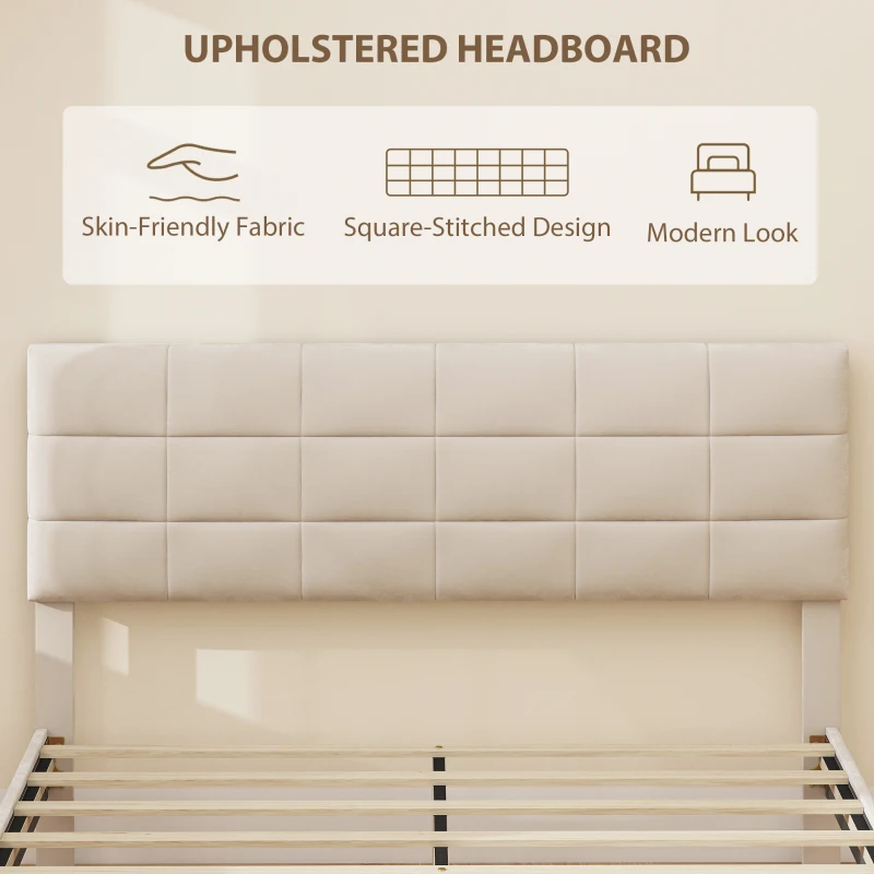 Queen Size Bed Frame with Upholstered Headboard, Modern Platform Bed Frame with Wood Slats, Cream