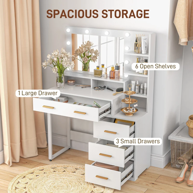 Illuminated Dresssing Table, LED Vanity Table with Mirror, Drawer and Storage Shelves 