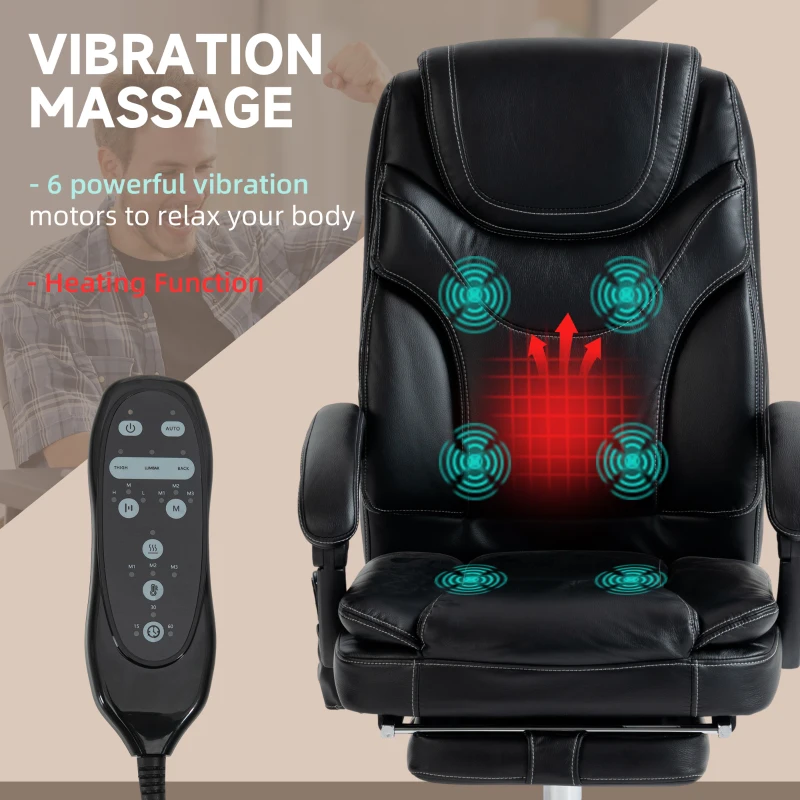 6 Point Vibration Massage Office Chair, PU Leather Heated Reclining Computer Chair with Footrest