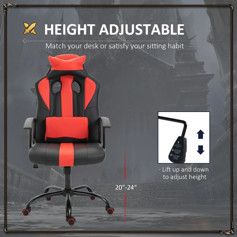 Office Chair High Back Racing Style Gaming Chair Adjustable PU Leather Swivel Computer Task Seat with Lumbar Support and Pillow Red
