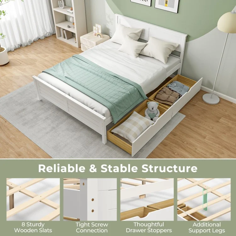 Full Size Bed Frame with Storage Drawers and Solid Wood Headboard