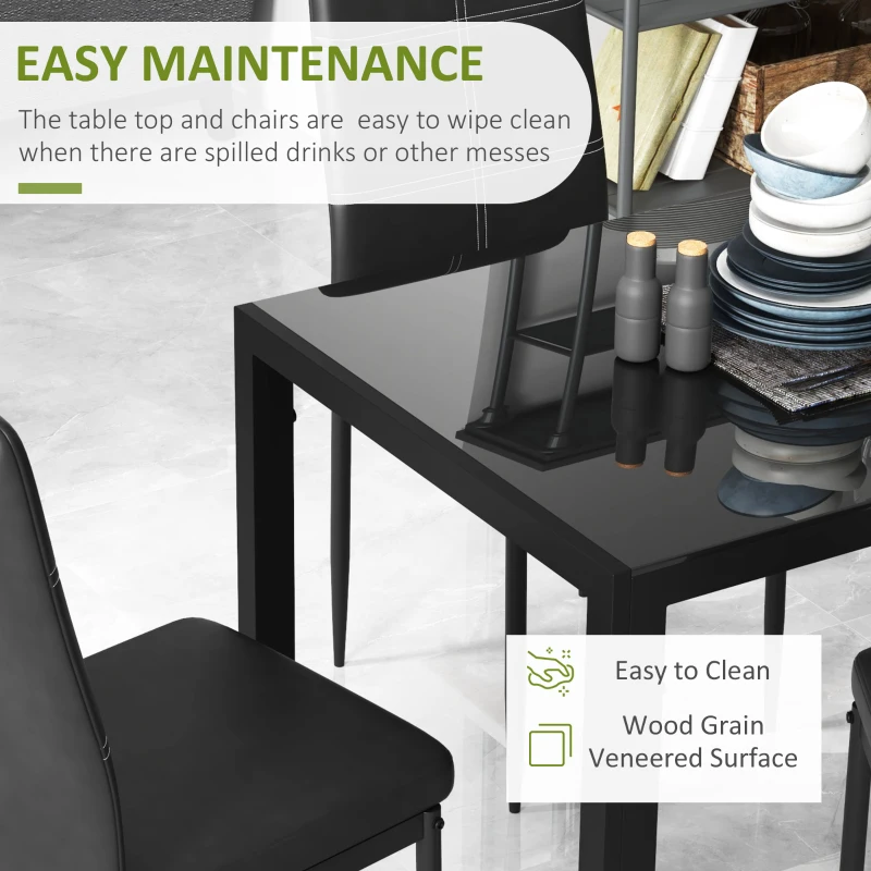 5-Piece Rectangular Glass Kitchen Table and Chairs with Metal Frame and Faux Leather Upholstery 