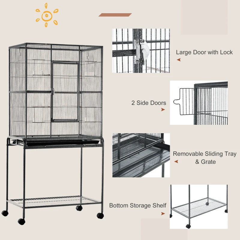 30'' Large Rolling Metal Bird Cage Bird House with Detachable Rolling Stand, Storage Shelf, Wood Perch Food Container