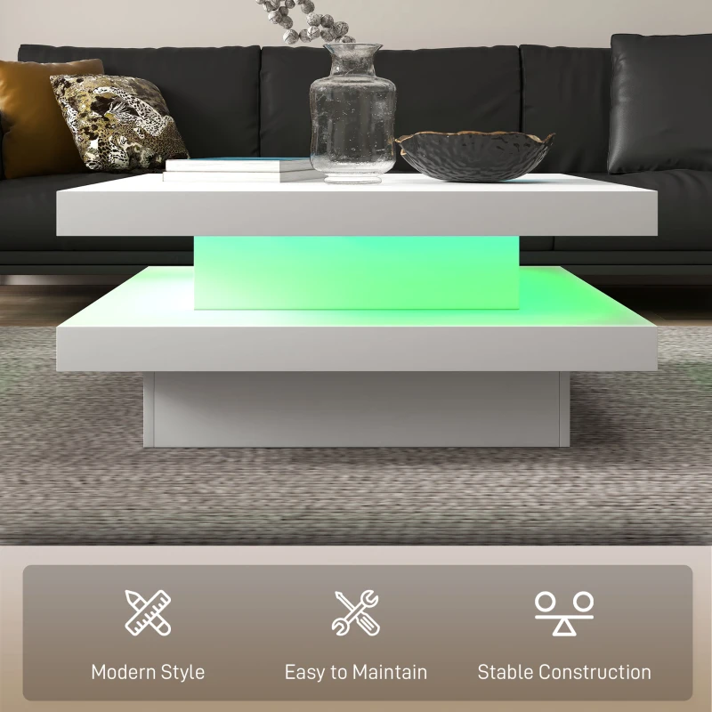 Square Coffee Table with 7 LED Lights and Remote, 2-Tier Modern Center Table