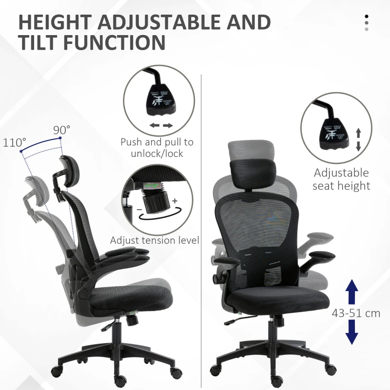 Office Chair, Mesh Computer Desk Chair with Adjustable Headrest, 4D Lumbar Support, Flip-up Arm