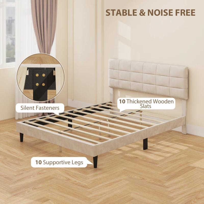 Queen Size Bed Frame with Upholstered Headboard, Modern Platform Bed Frame with Wood Slats, Cream