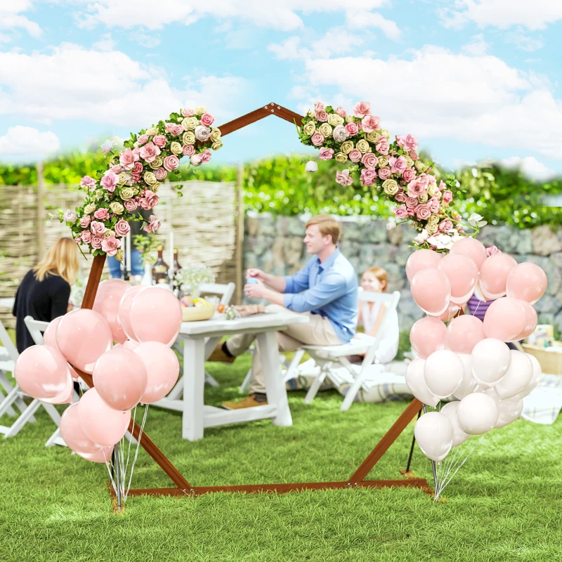 7FT Heptagon Wooden Wedding Arch with Triangular Base, Ground Stakes for Ceremony, Garden, Birthday