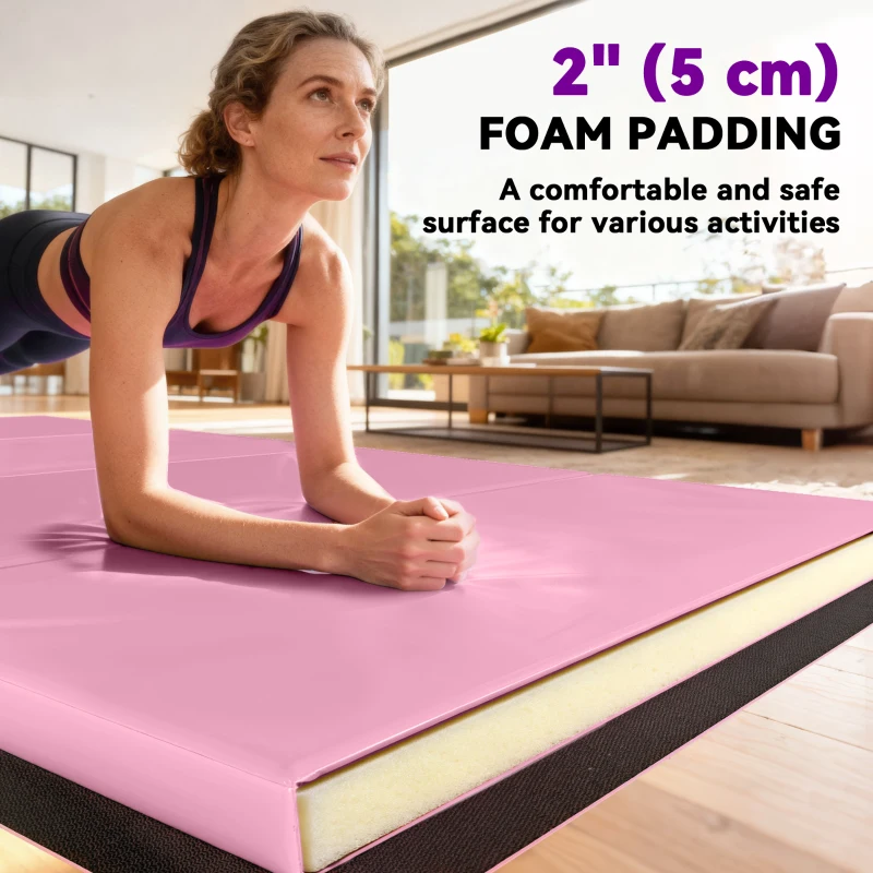 4'x6'x2'' Folding Gymnastics Tumbling Mat, Exercise Mat with Carrying Handles, Pink