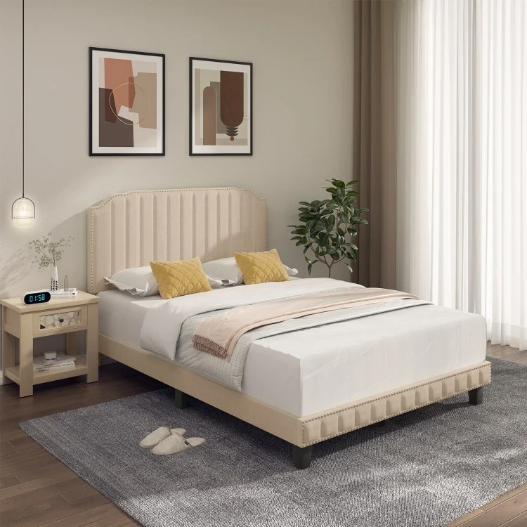 Twin-Full-Queen Size Heavy Duty Upholstered Bed Frame with Rivet Headboard