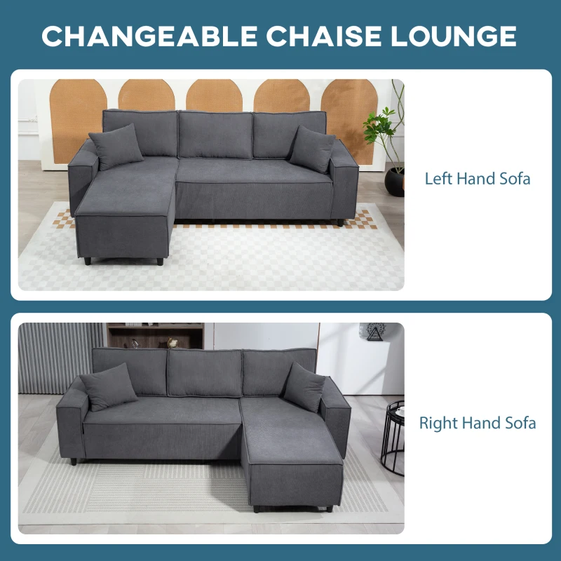 Corner Sofa with Changeable Chaise, Corduroy L-Shaped Sectional Sofa with Pocket Spring, 2 Pillows