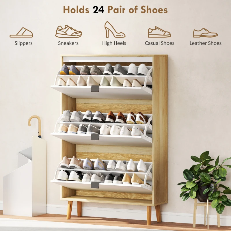  Shoe Cabinet, High Gloss Shoe Storage Cabinet with 3 Flip Drawers and Adjustable Shelves, Holds 24 Pairs