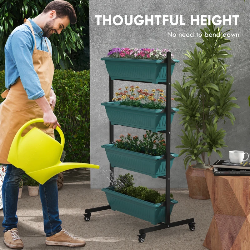 4-Tier Vertical Raised Garden Planter with 4 Boxes, Wheels, Outdoor Plant Stand for Vegetable Flowers
