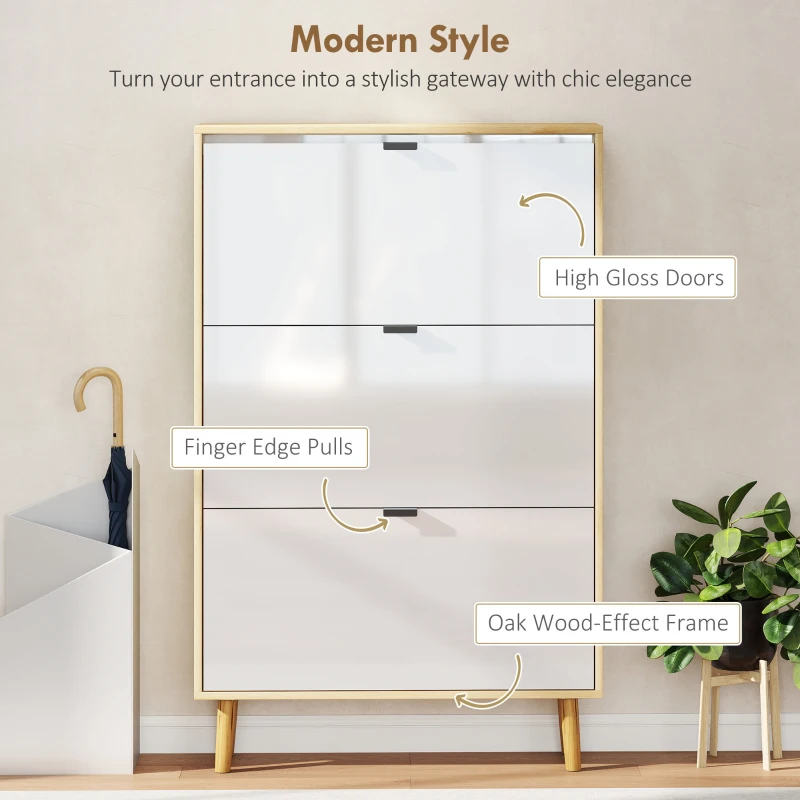  Shoe Cabinet, High Gloss Shoe Storage Cabinet with 3 Flip Drawers and Adjustable Shelves, Holds 24 Pairs