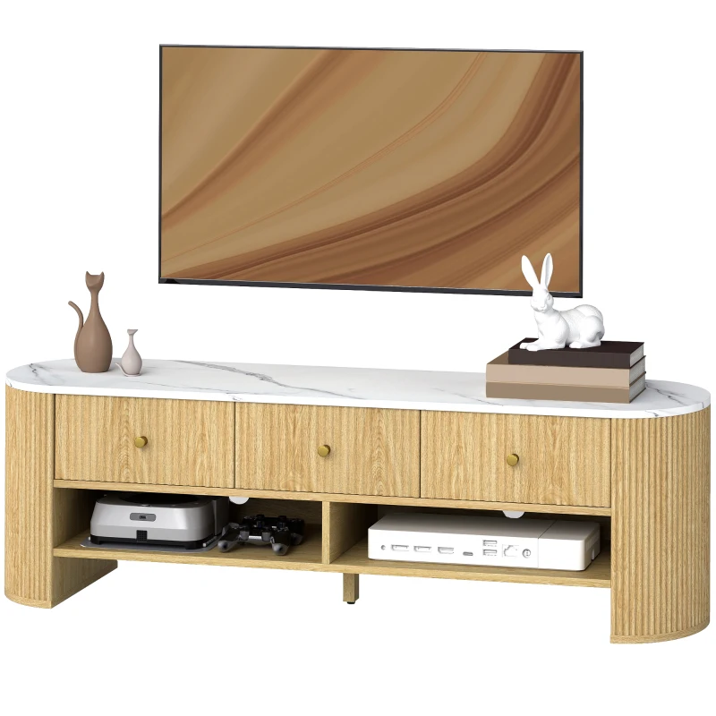Modern TV Table with Marble-Effect Top, 3 Drawers and 2 Open Shelves for 32-65 Inch Television