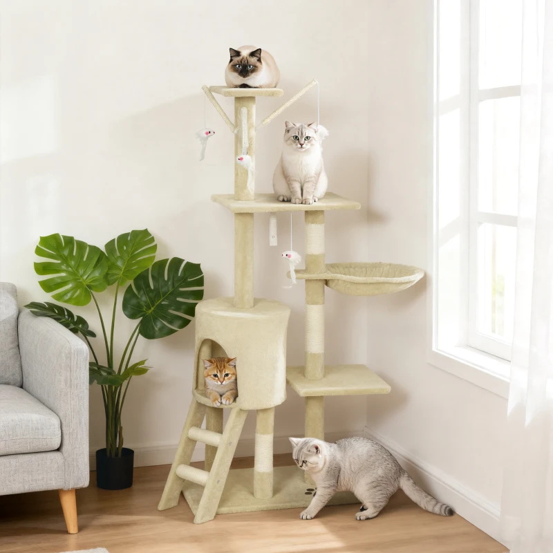53" Cat Tree Tower, Kitten Activity Centre with Scratching Posts, Condo, Perches, Ladder, Hammock, Dangling Toys