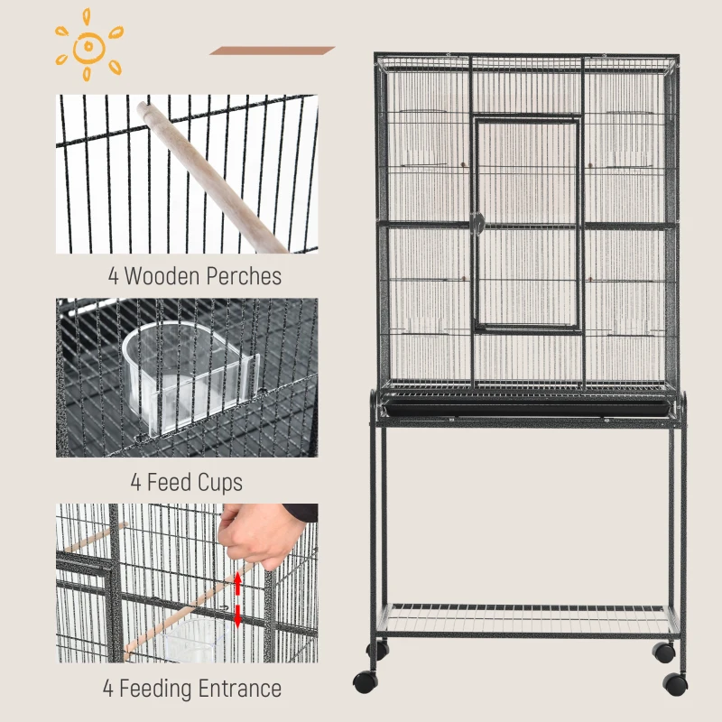 30'' Large Rolling Metal Bird Cage Bird House with Detachable Rolling Stand, Storage Shelf, Wood Perch Food Container