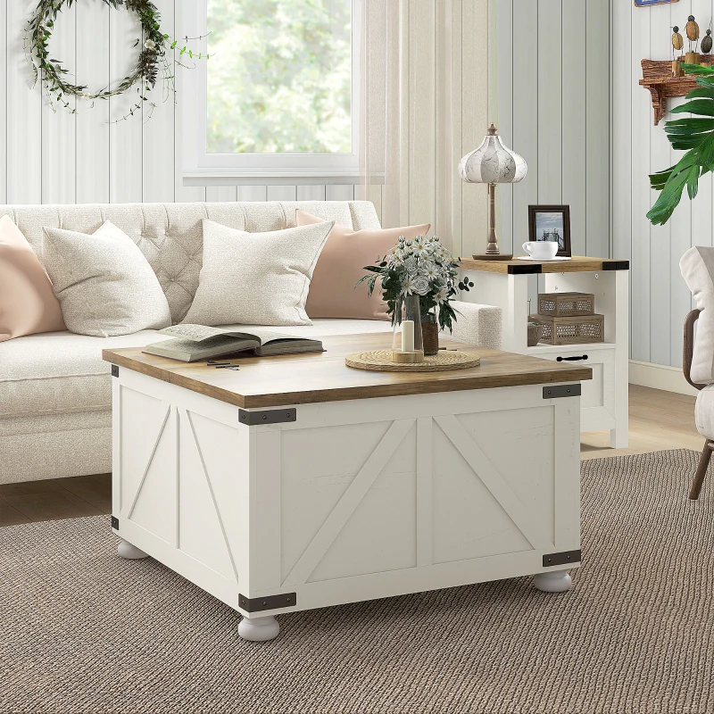 Farmhouse Coffee Table, Square Center Table with Flip-top Lids, Hidden Storage Compartment and Wooden Legs