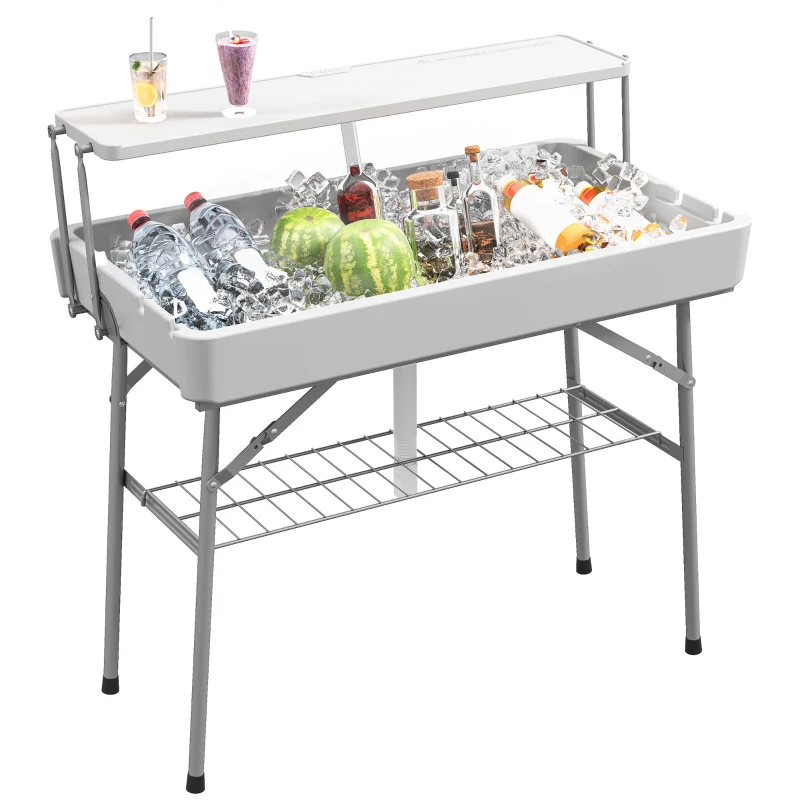 3.5ft Folding Ice Cooler Table with Drain, 2-Tier Outdoor Patio Party Cooler, Fishing Cleaning Table with Storage Shelf