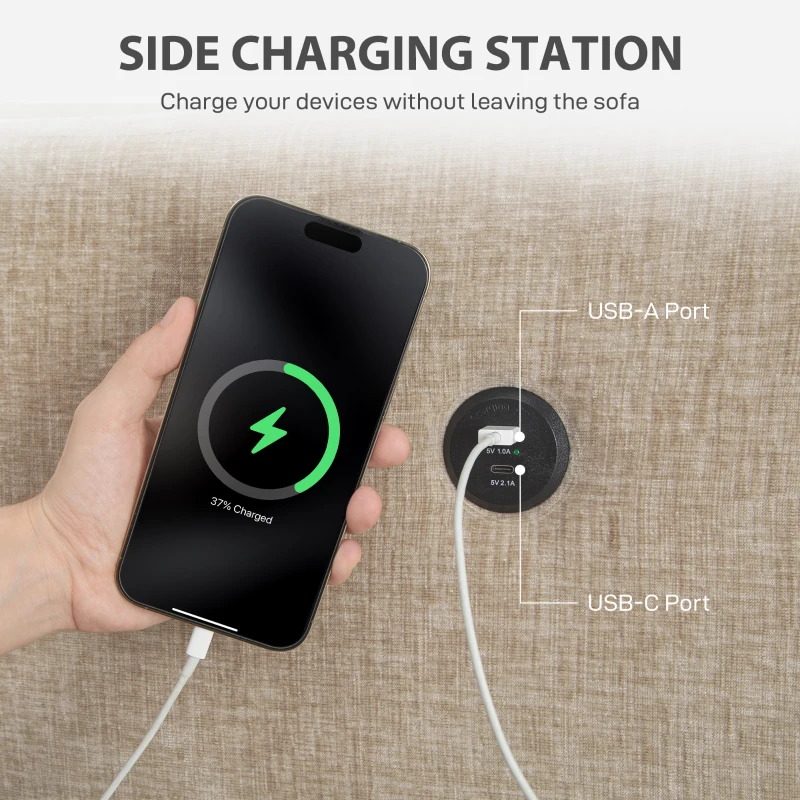  3 Seater Sofa with USB Ports & Cup Holders, Chenille-Feel Upholstered Couch