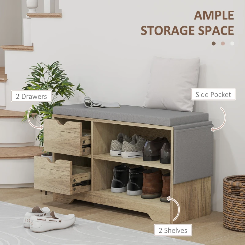 Upholstered Shoe Storage Bench w/ Seat, Entrance Bench w/ Drawer Open Shelves and Pocket