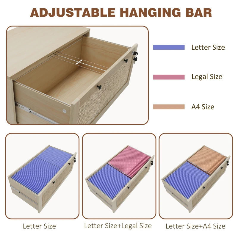 2-Drawer Filing Cabinet with Lock, Rattan File Cabinet with Adjustable Hanging Bar