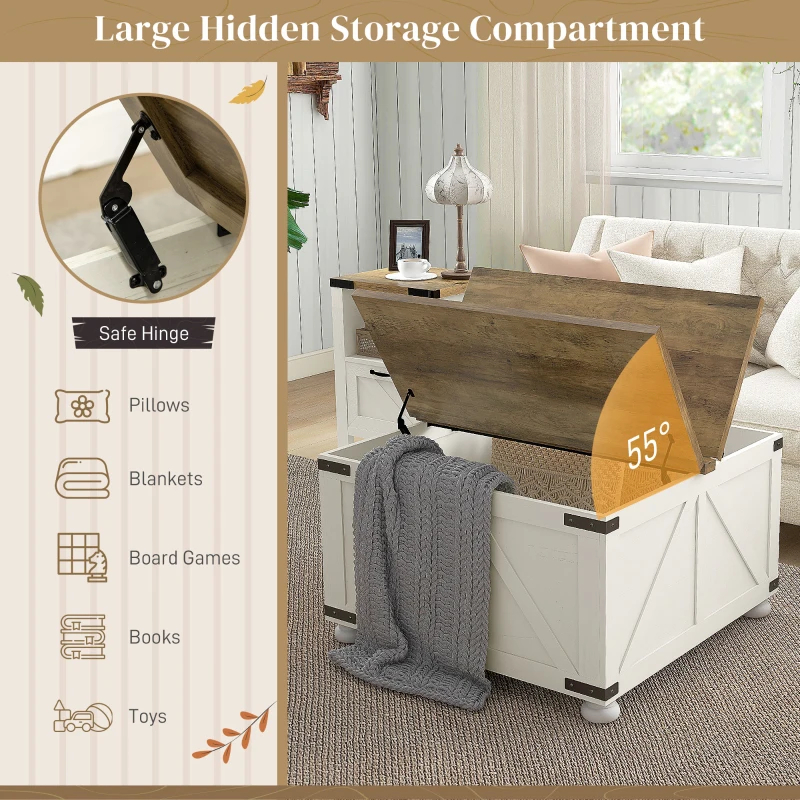 Farmhouse Coffee Table, Square Center Table with Flip-top Lids, Hidden Storage Compartment and Wooden Legs
