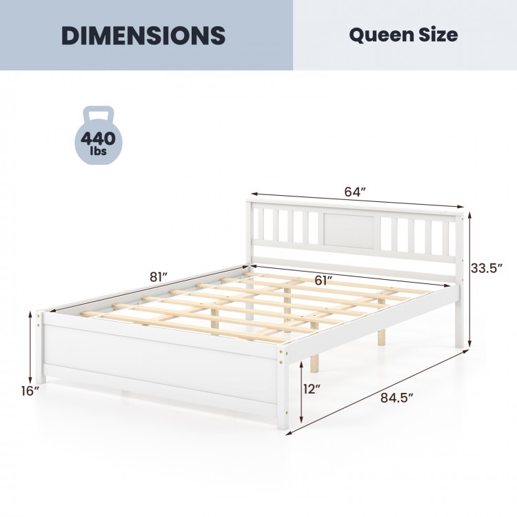 Queen/Full/Twin  Wooden Platform Bed with Headboard and Wood Slat Support White