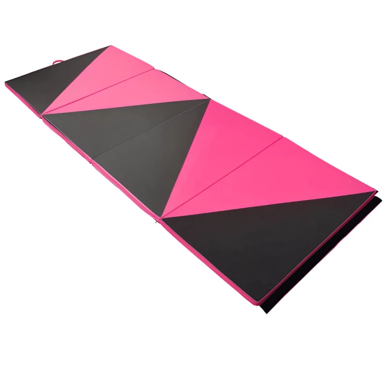 4'x10'x2" Folding Gymnastics Tumbling Mat, Exercise Mat with Carrying Handles. Pink and Black