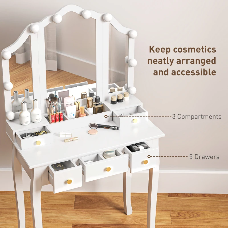 Makeup Vanity Desk with Mirror and Stool, Vanity Set with 10 LED Lights, 5 Drawers and 3 Compartments