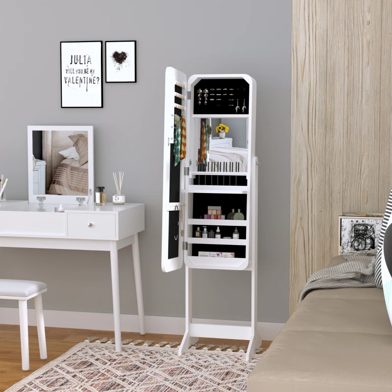 Freestanding Mirror Jewelry Cabinet Armoire, LED Lighted Jewelry Organizer with Stand, Angle Adjustable, White