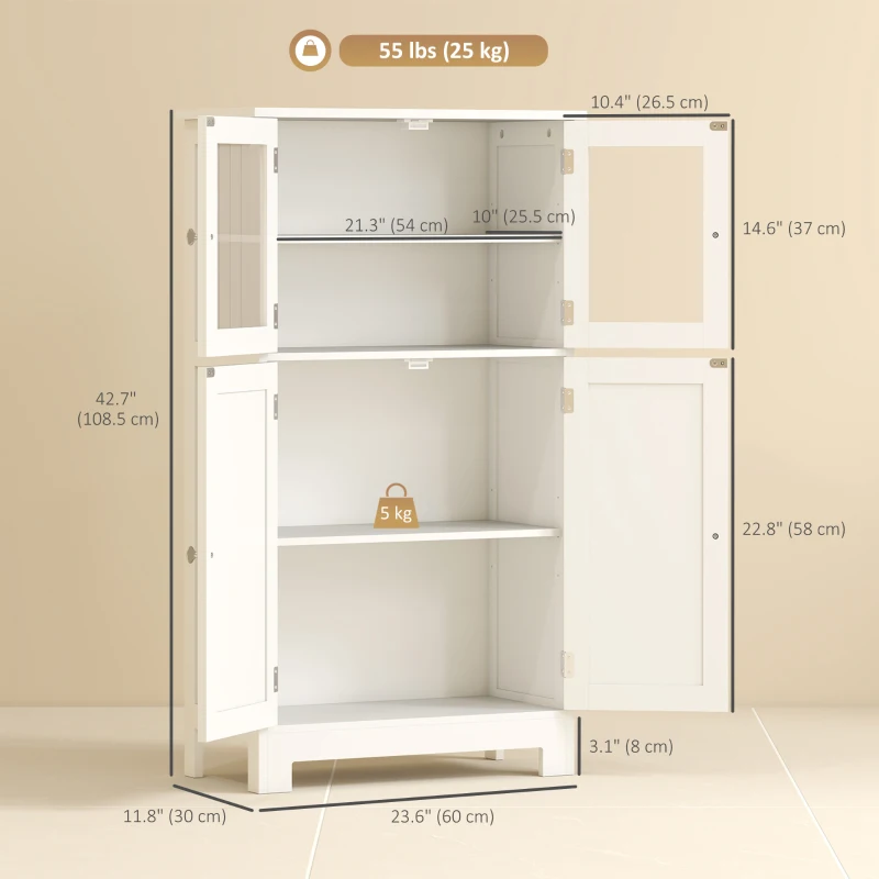 Floor Storage Cabinet with Tempered Glass Doors and Adjustable Shelf, Free Standing Organizer 
