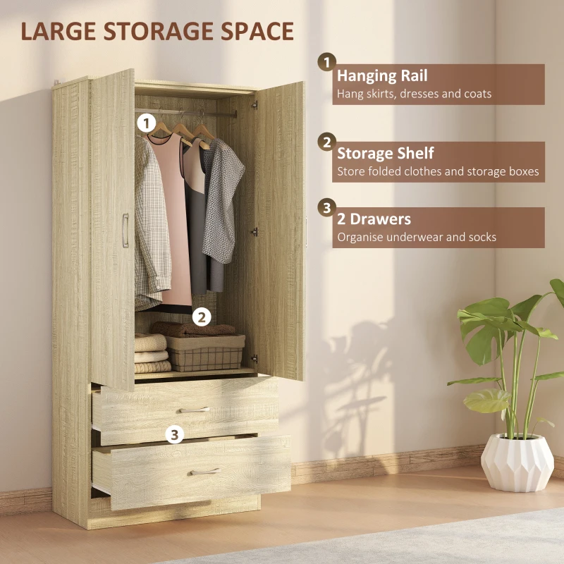 Wardrobe Closet Armoire with Hanging Rod and 2 Doors, Clothes Storage Organizer with 2 Drawers