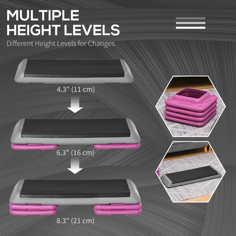 43" Adjustable Aerobic Platform Stepper 3 Level with Risers 4” 6” 8” Cardio Fitness Trainer Workout Step Home Gym Exercise, Black Purple