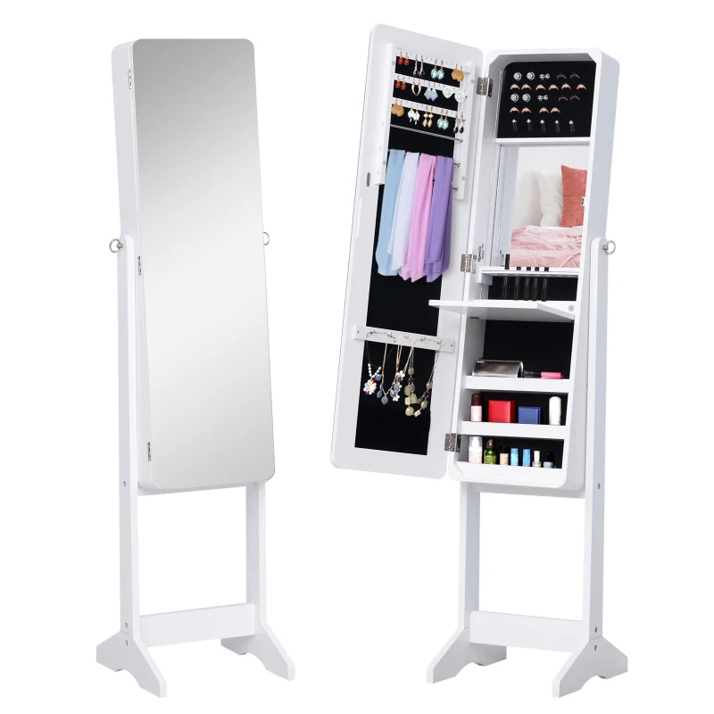 Freestanding Mirror Jewelry Cabinet Armoire, LED Lighted Jewelry Organizer with Stand, Angle Adjustable, White