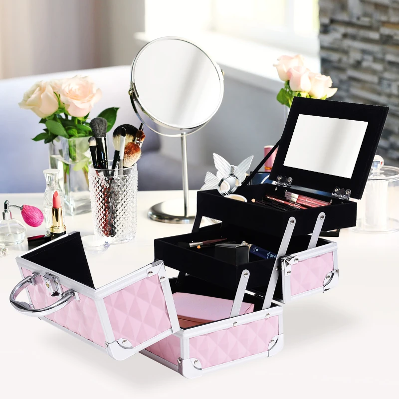 3 Tier Diamond Texture Makeup Case Train Case Cosmetic Organizer with Mirror