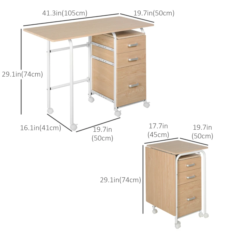 Foldable Computer Desk with Drawers, Executive Student Table with Storage Shelf, 6 Wheels