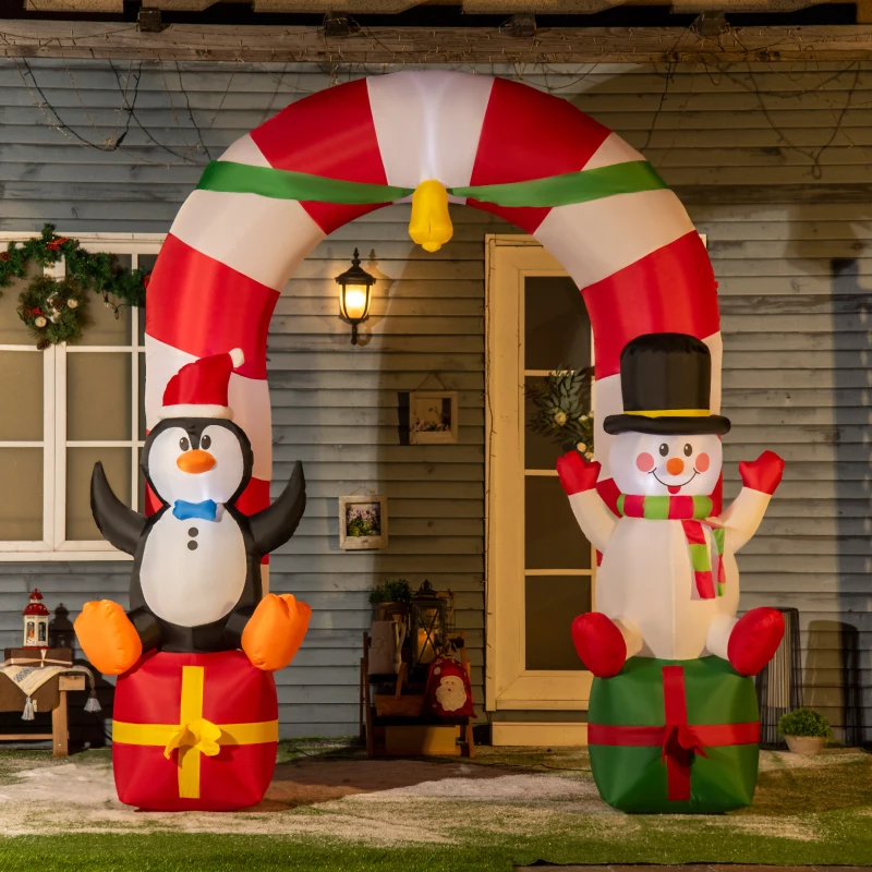 9ft Christmas Inflatable Candy Cane Archway with Penguin Snowman Sit on Gift Box, Blow-Up Outdoor LED Yard Display 