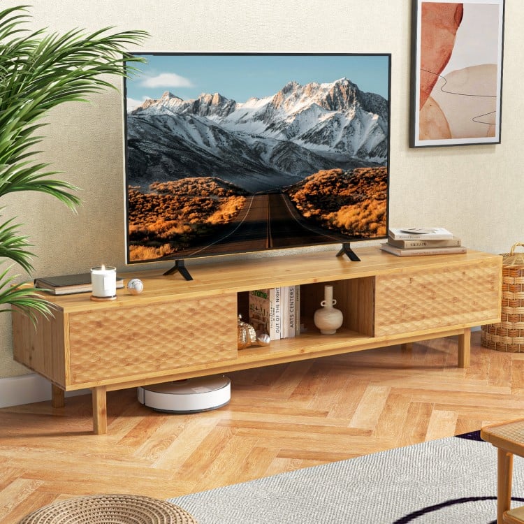 63 Inches Mid Century Modern Bamboo TV Stand with Sliding Doors