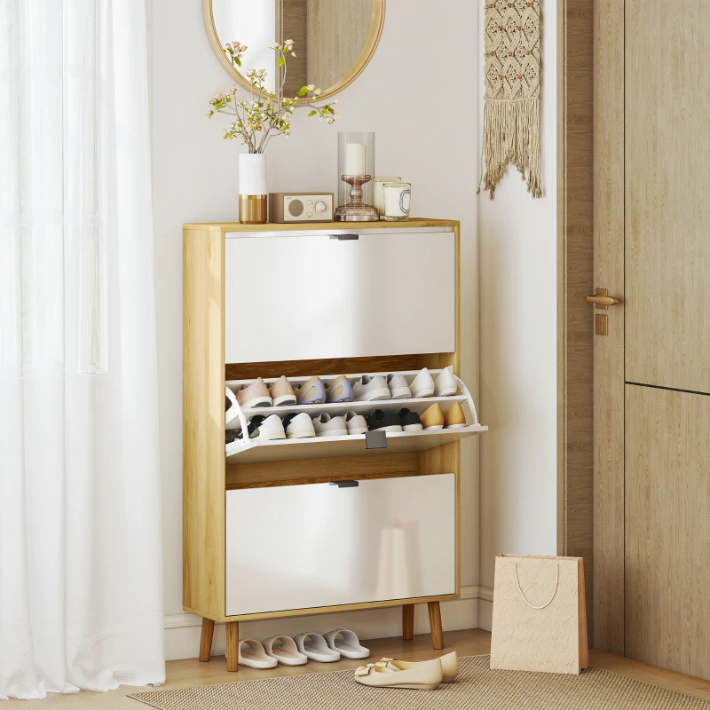  Shoe Cabinet, High Gloss Shoe Storage Cabinet with 3 Flip Drawers and Adjustable Shelves, Holds 24 Pairs