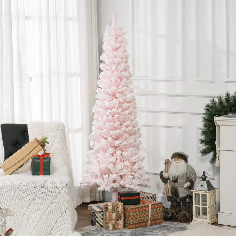  6ft Flocked Christmas Tree, Pencil Christmas Tree with Realistic Branch Tips, Folding Metal Stand, Pink