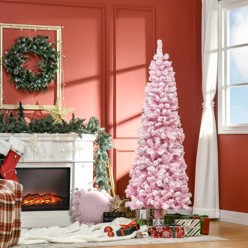 6 FT Snow Flocked Artificial Christmas Tree, Pencil Xmas Tree with Realistic Branches, Auto Open and Steel Base, Pink