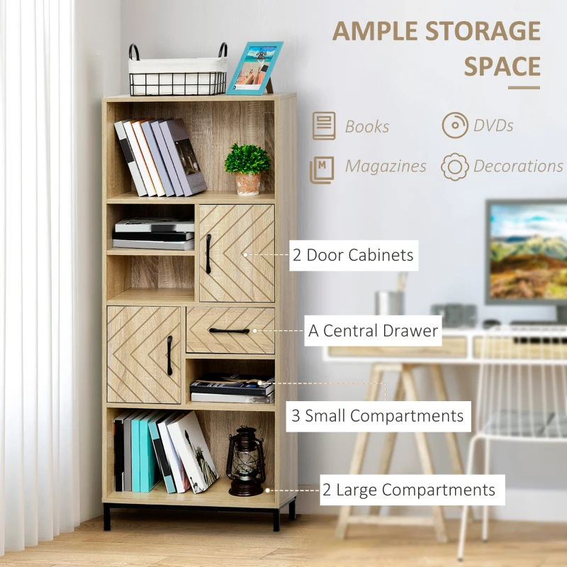 59" Bookcase, Storage Bookshelf with Cabinets, Drawer and Open Compartments, Freestanding Display Shelves