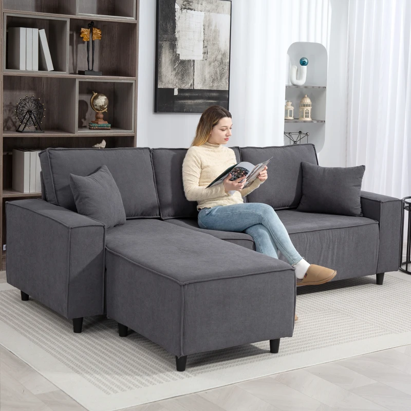 Corner Sofa with Changeable Chaise, Corduroy L-Shaped Sectional Sofa with Pocket Spring, 2 Pillows