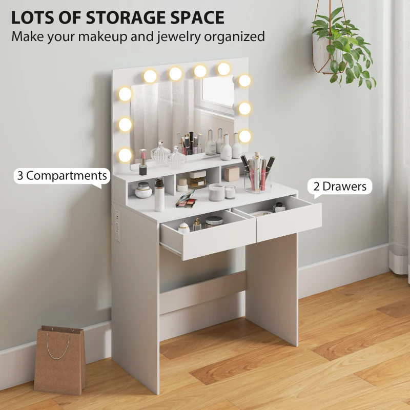 Vanity Table, Makeup Dressing Table with LED Lighting Mirror, Charging Station and Drawers