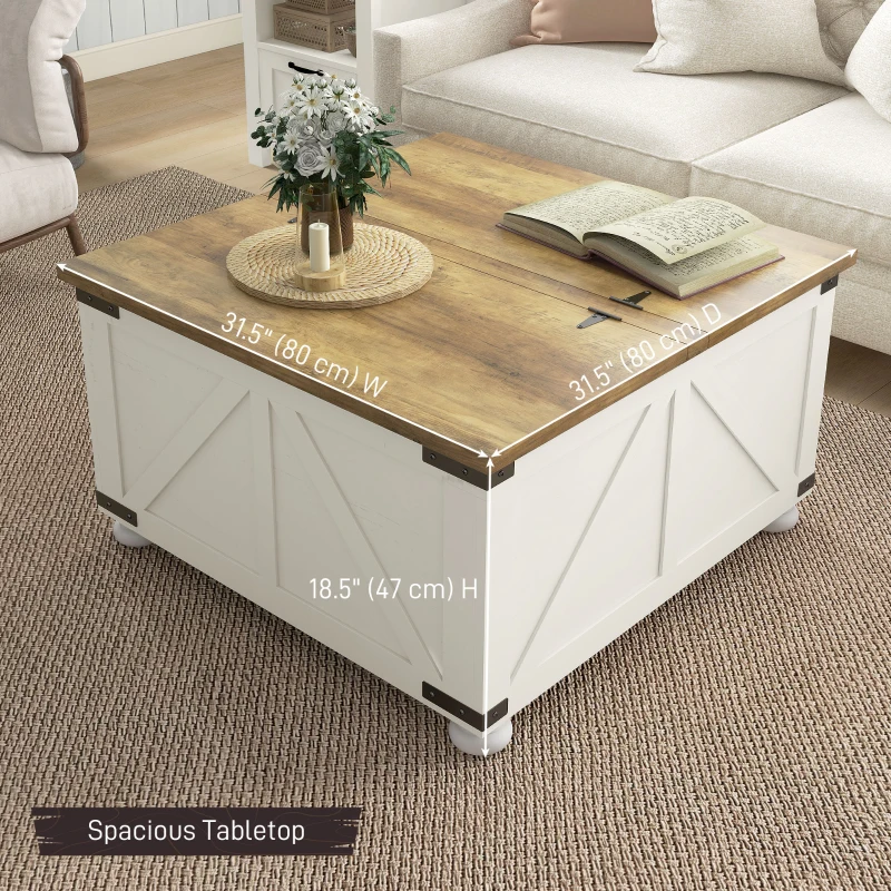 Farmhouse Coffee Table, Square Center Table with Flip-top Lids, Hidden Storage Compartment and Wooden Legs